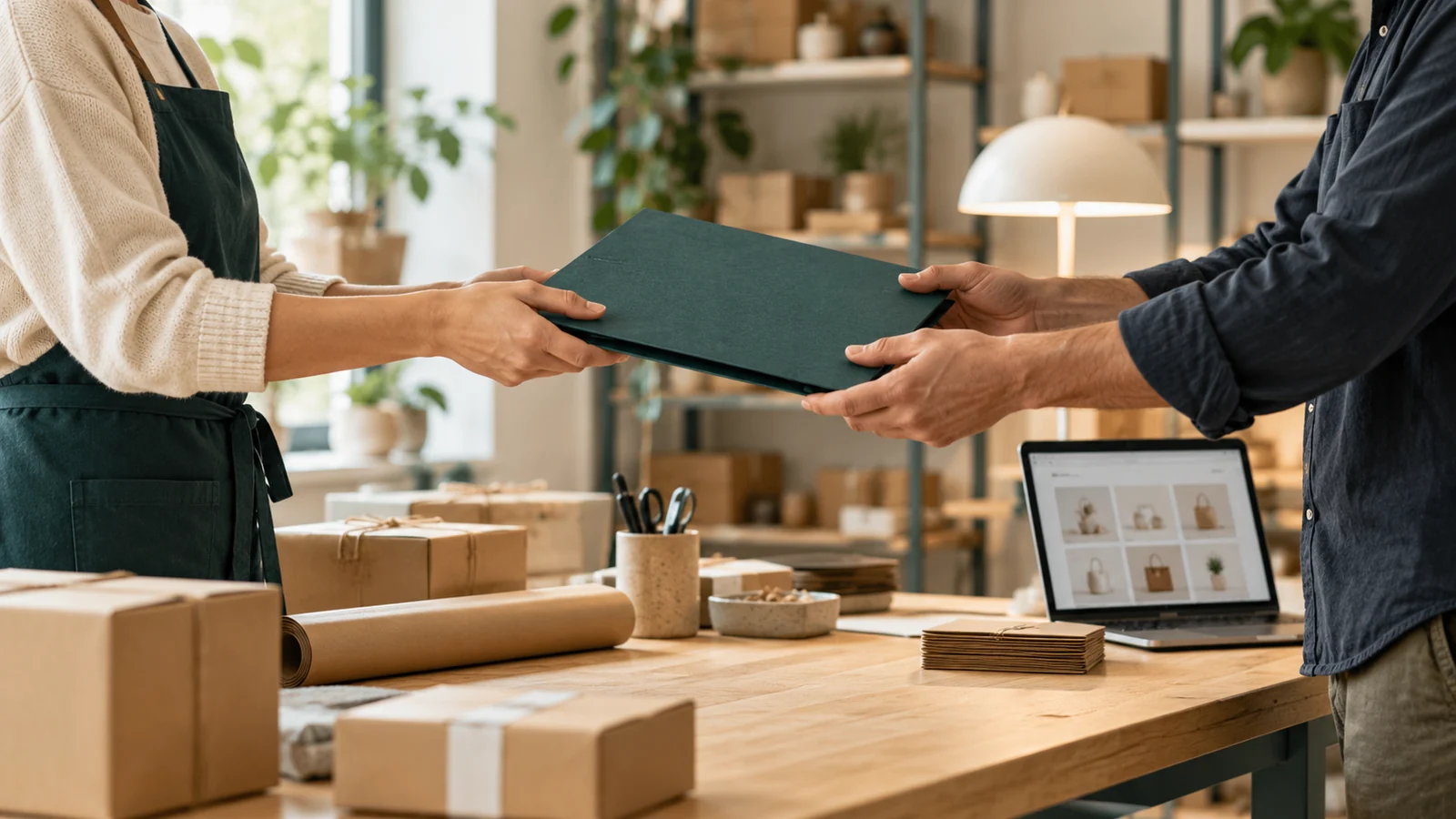 Dos personas entregan una carpeta junto a pedidos y un portátil de una tienda online; escena conceptual generada con IA.
