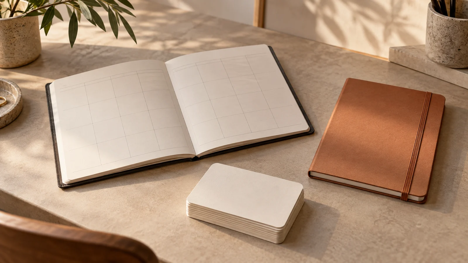Dos formatos de planificador y un conjunto de fichas de repaso sobre una mesa, en una composición conceptual de papelería.
