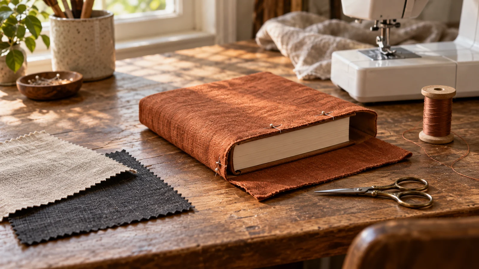 Funda de tela color cobre en preparación sobre un libro, junto a muestras de tejido y una máquina de coser.