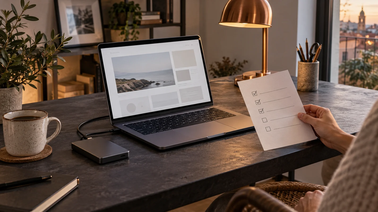 Un portátil, una unidad externa y una lista de comprobación sobre una mesa, en una escena conceptual de revisión web.