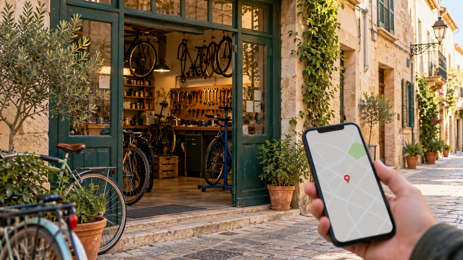 Un teléfono con un mapa frente a un taller de bicicletas ficticio; escena conceptual generada con IA.