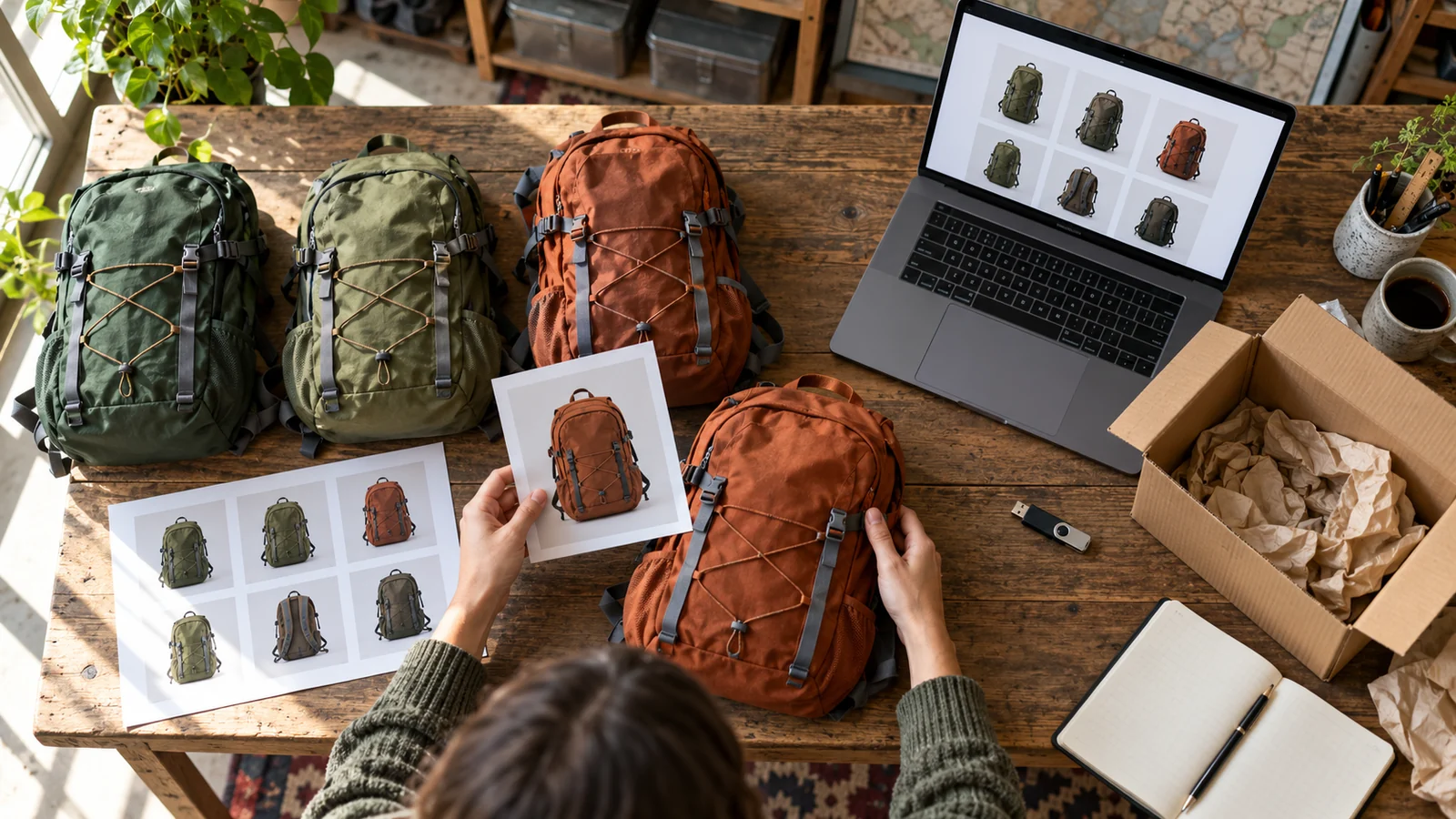 Una persona compara mochilas con sus fotografías y un catálogo digital; escena conceptual generada con IA.