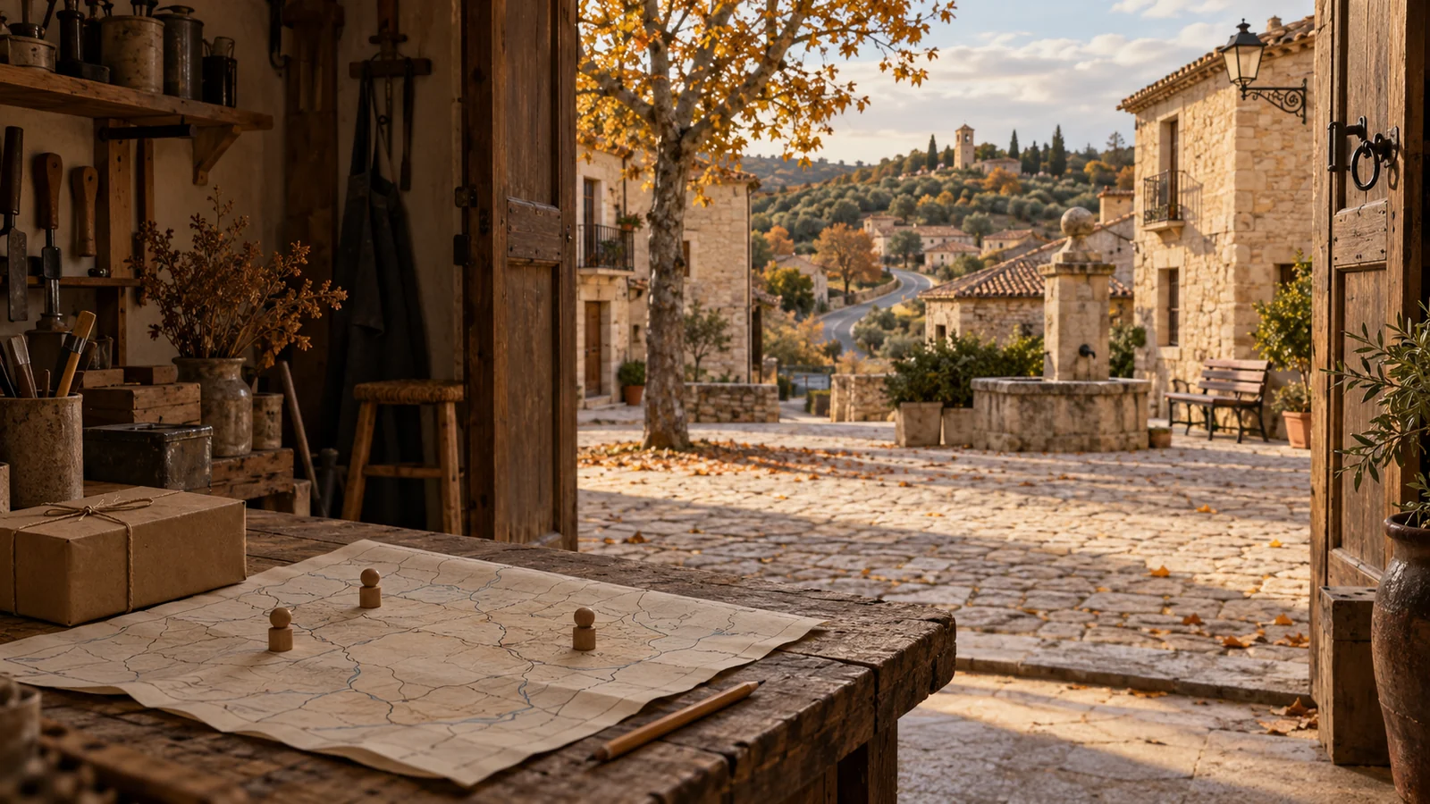 Un mapa y un paquete sobre la mesa de un taller abierto a una plaza rural, en una escena conceptual generada con IA.