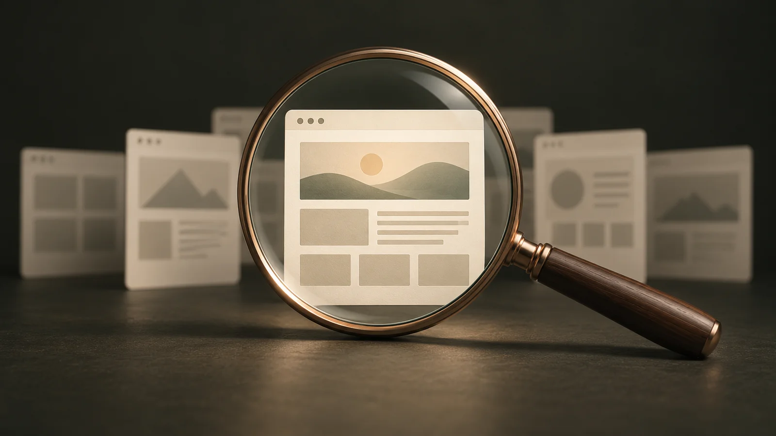 Ilustración de una lupa que destaca una página web entre otras páginas.