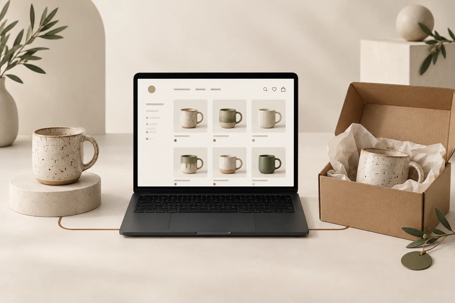 Ilustración de una taza de cerámica, su catálogo en una tienda online y una caja preparada para enviarla.