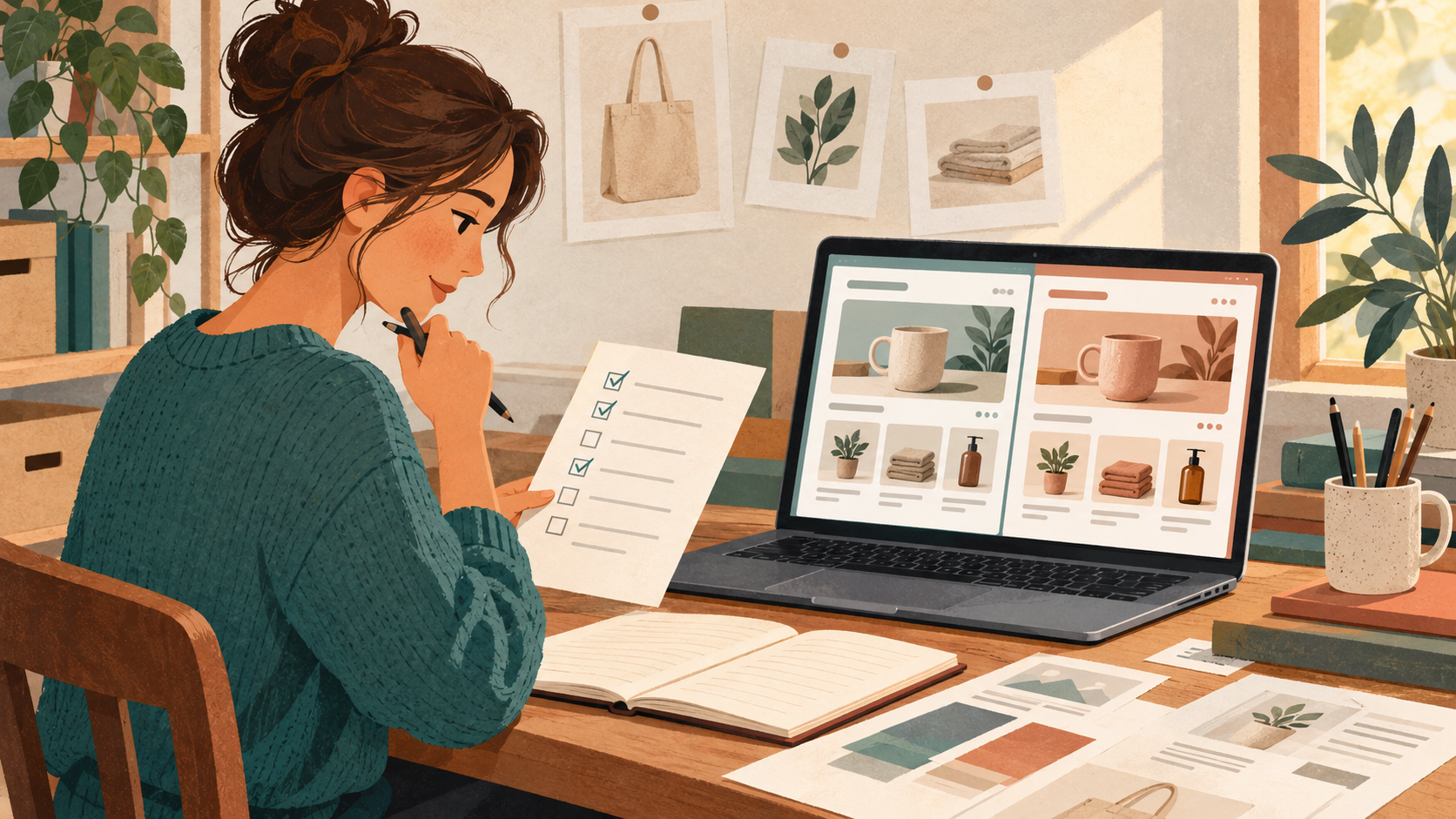 Una persona sentada ante un escritorio revisa una lista con un lápiz junto a un portátil que muestra dos vistas de una tienda online con tazas, plantas, textiles y botellas.